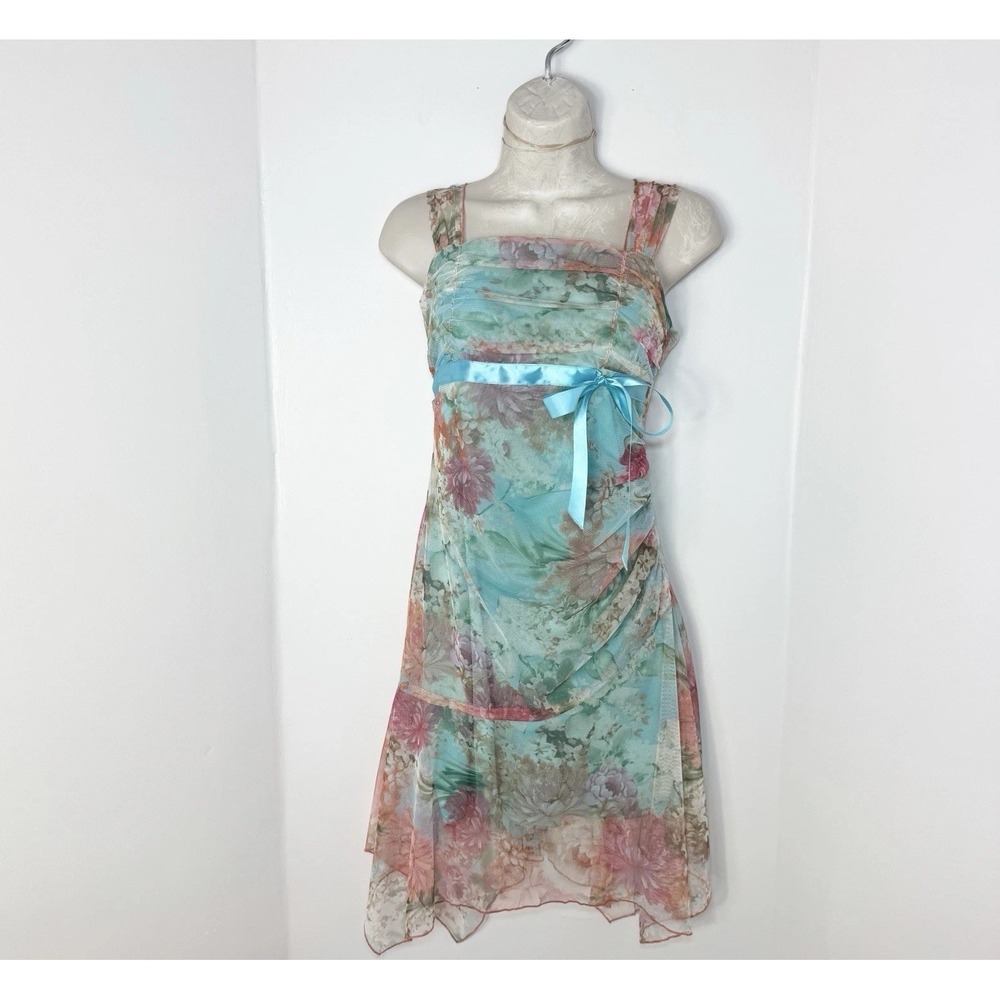 Y2K Fairy Whimsical Teal Asymmetric Babydoll Dress Fits S XOXO Floral Coquette